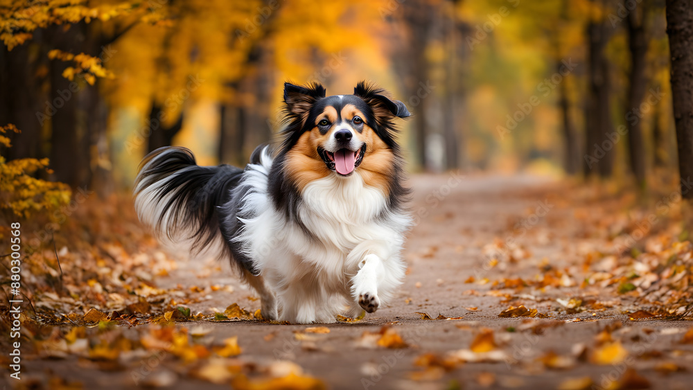 A dog is running through a path with leaves on the ground