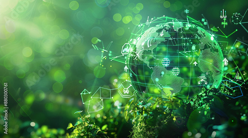 A digital globe with green pathways and renewable energy icons, representing global net-zero carbon-neutral targets and emission reduction