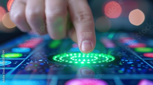 Close up of hand pushing on screen of slot machine in casino, green glowing light and colorful screen