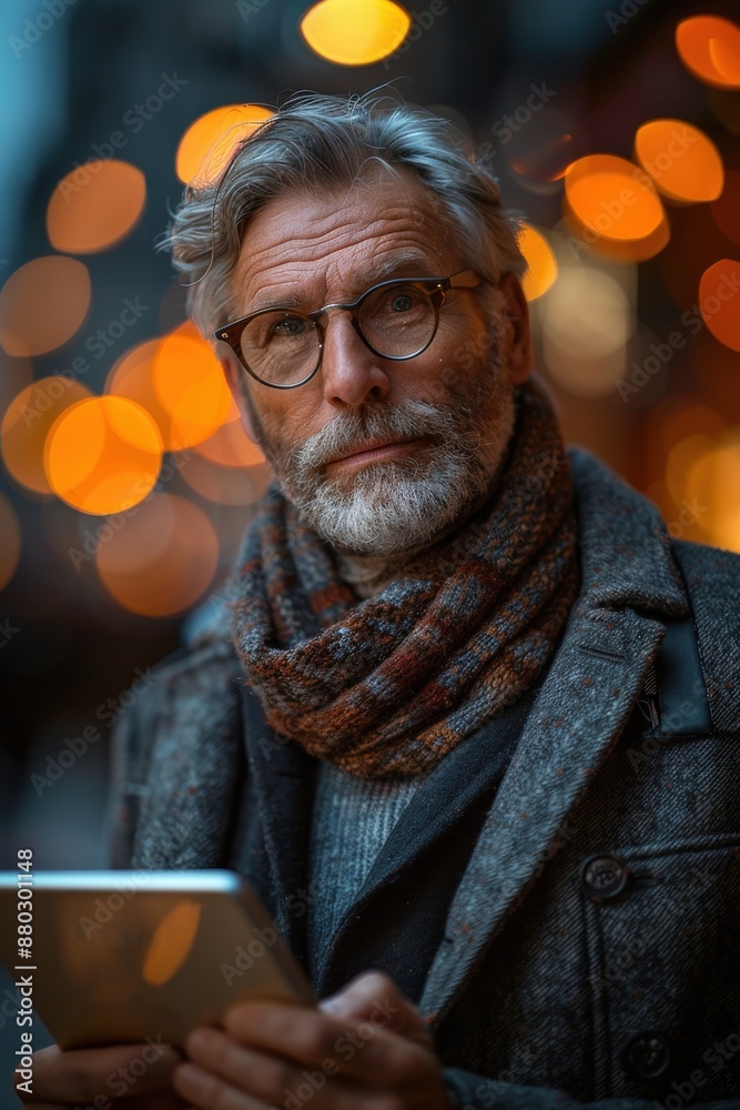 Portrait of a Mature Man with Gray Hair and Beard Using Digital Tablet on a City Street at Twilight with Bokeh Lights BackgroundMature man Portrait of a Mature Man with Gray Hair and Beard Using Digital Tablet on a City Street at Twilight with Bokeh Lights BackgroundMature man