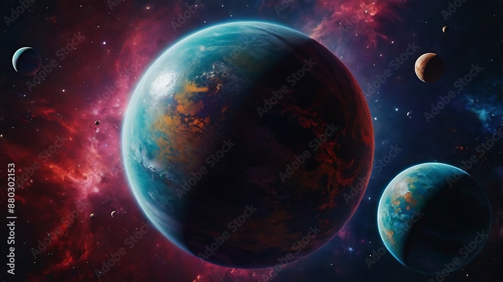 Obraz premium Crowded space view full of planets and stars in random orbits, endless space with colorful design