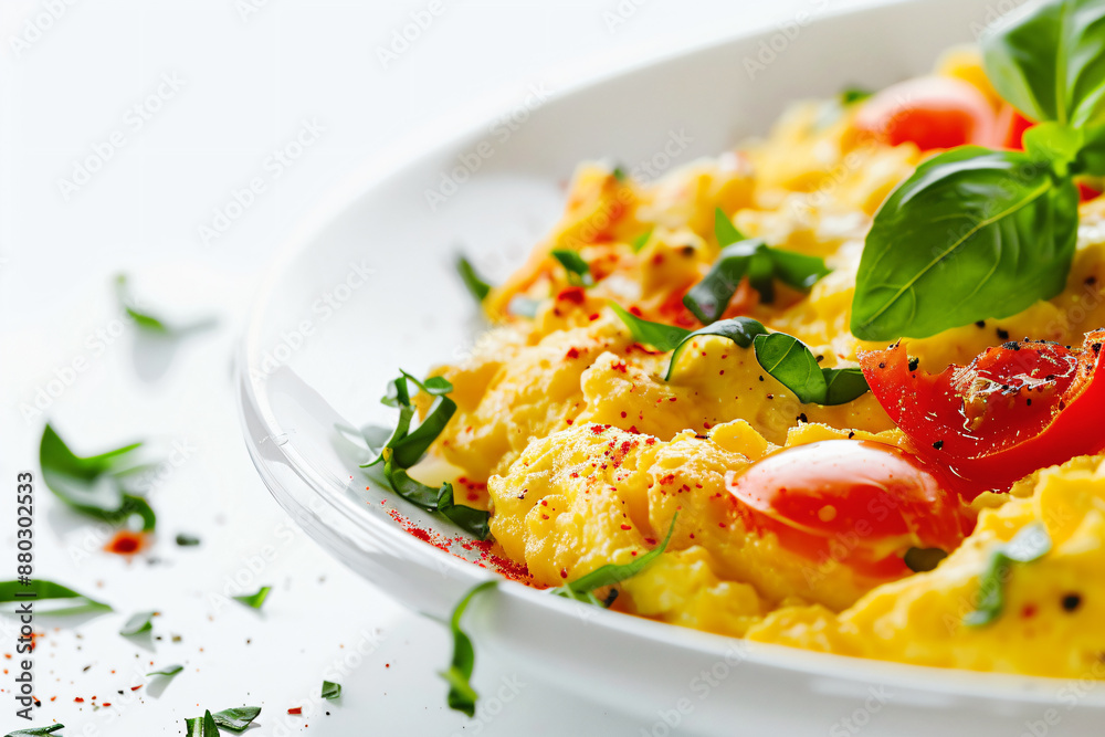 a plate of scrambled eggs with tomatoes and basil a plate of scrambled eggs with tomatoes and basil