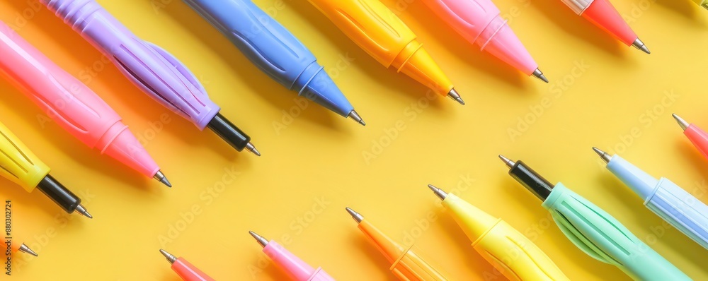 Highlighter Pens Pattern Composition on Yellow, Top View, School Theme Highlighter Pens Pattern Composition on Yellow, Top View, School Theme