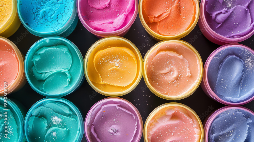 An abstract and artistic background featuring colorful containers of pastel-colored playdough arranged on a black background.
An abstract and artistic background featuring colorful containers of pastel-colored playdough arranged on a black background.