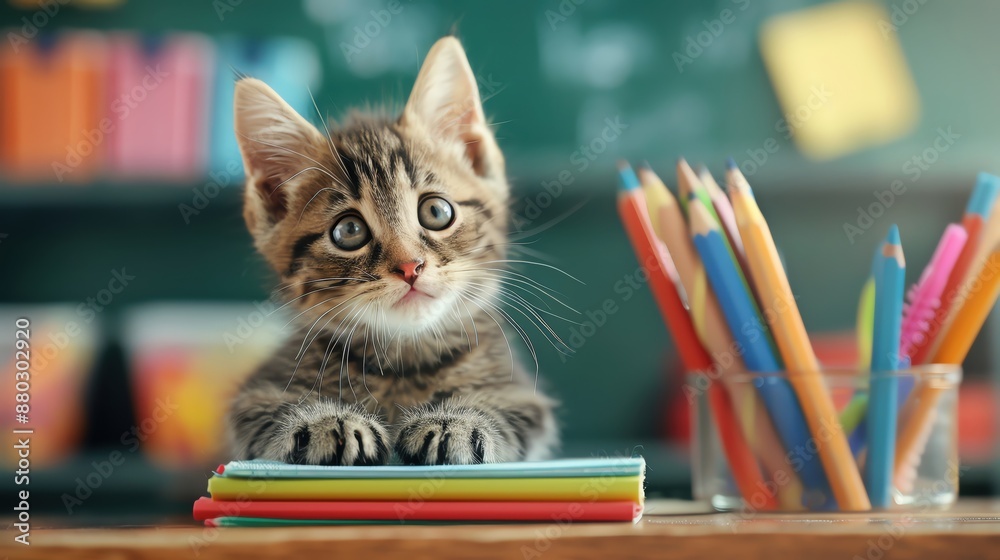 Cute kitten sitting on a desk with colorful pencils and books.