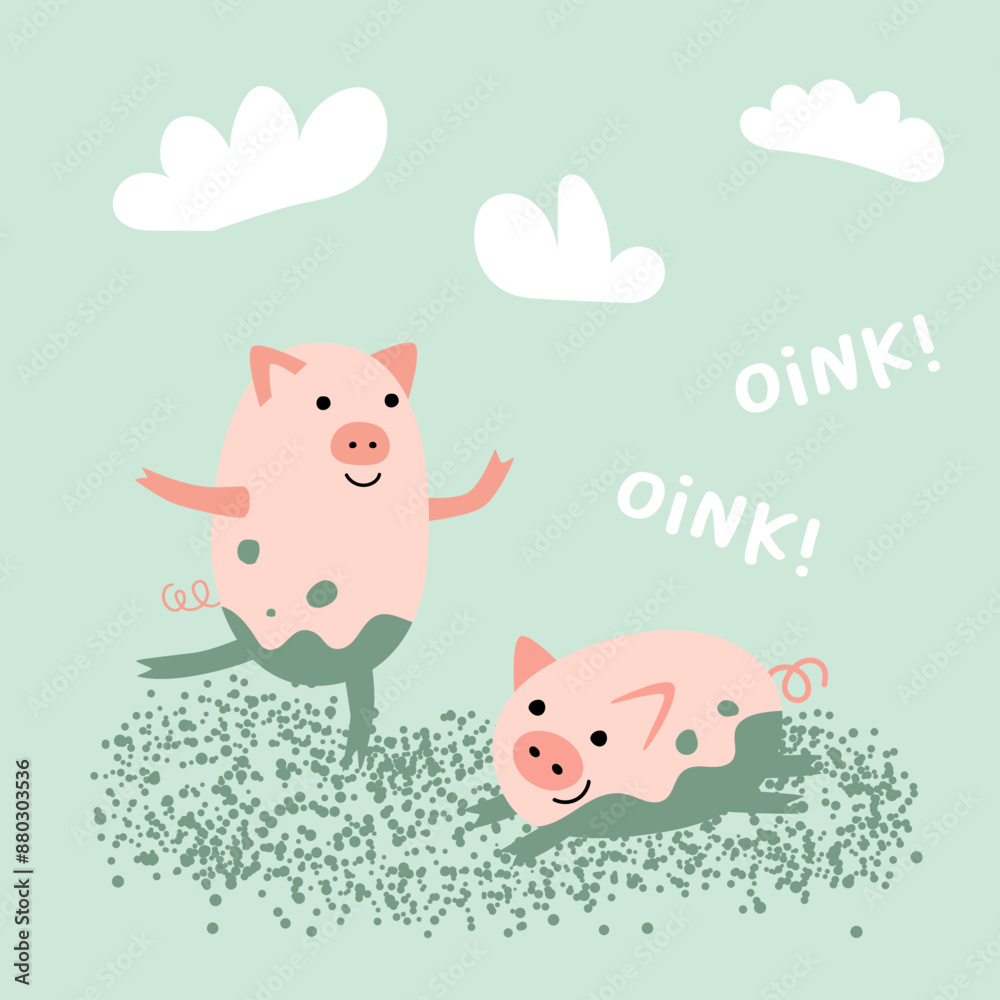 Funny piglets in the mud on a blue background. A little pig. Vector illustration set. Funny piglets in the mud on a blue background. A little pig. Vector illustration set.