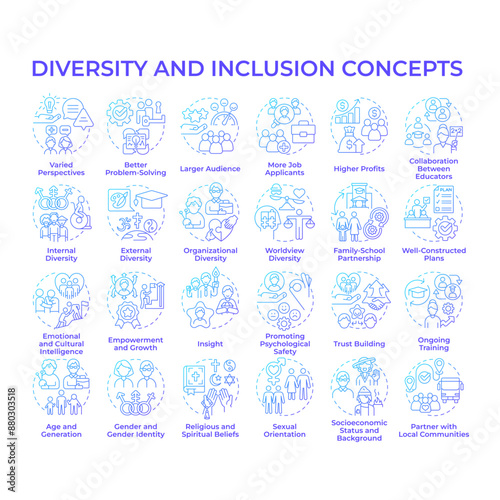Diversity and inclusion blue gradient concept icons. Gender identity and equality. Social inclusion. Everyone matters. Icon pack. Vector images. Round shape illustrations. Abstract idea
