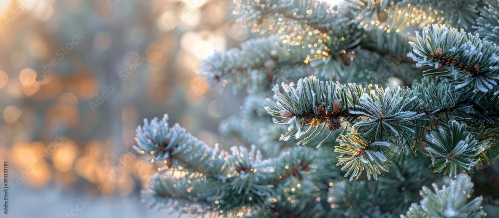 Image of a frozen pine tree with copy space, frozen green needes, giving a magical touch.