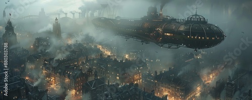 A steampunk airship soaring through a smog-filled Victorian city.