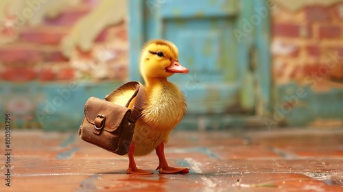 A cute duckling with a brown leather satchel walking on a brick path. photo