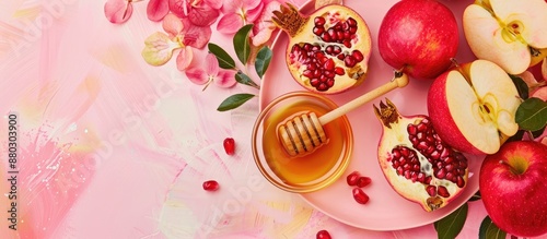 Flat lay background with traditional symbols like apples, honey, and pomegranate set on a pastel pink and coral table for Rosh Hashana, the Jewish New Year celebration. Includes a copy space image. photo