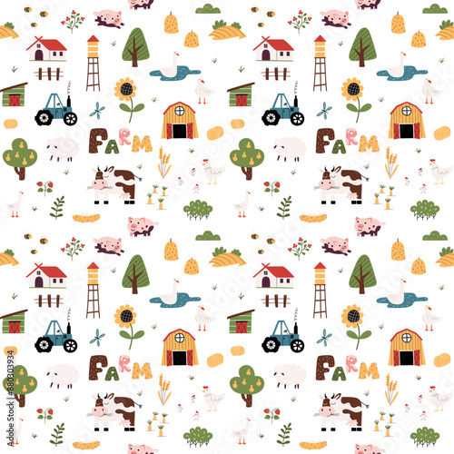 Farm seamless pattern. Vector funny hand drawn characters of domestic animals, countryside, houses and barns, tractor. Print for clothes, wallpaper, scrapbooking.