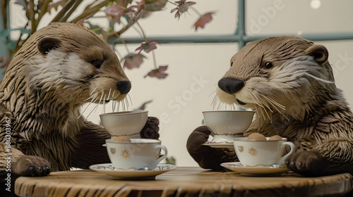 Two stuffed animals sitting around a table with cups of tea or coffee. Staged scene of tea drinking between otters. Interior decoration with taxidermy of martens for exhibition. Illustration. photo