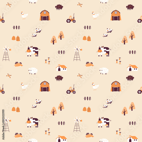 Farm seamless pattern. Vector funny hand drawn characters of domestic animals, countryside, houses and barns, tractor. Print for clothes, wallpaper, scrapbooking.