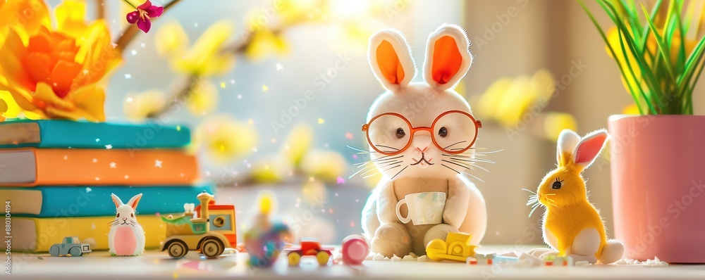 Cute bunny wearing glasses with a cup of tea, surrounded by toys, books, and a plant. Cute bunny wearing glasses with a cup of tea, surrounded by toys, books, and a plant.