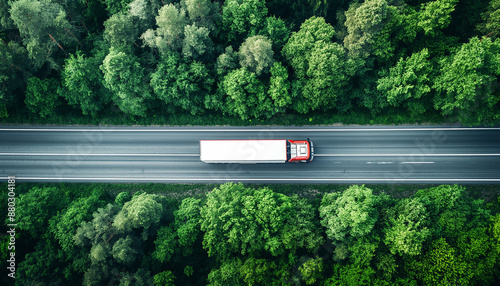 truck on a highway  between trees top drone view image 