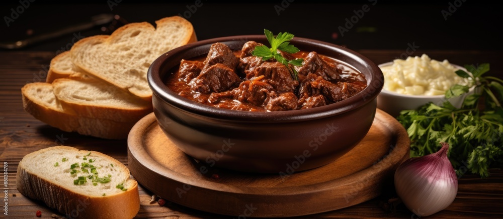 Beef Goulash served with onion and rustic homemade bread, complemented by a visually appealing background to create an enticing copy space image. Beef Goulash served with onion and rustic homemade bread, complemented by a visually appealing background to create an enticing copy space image.
