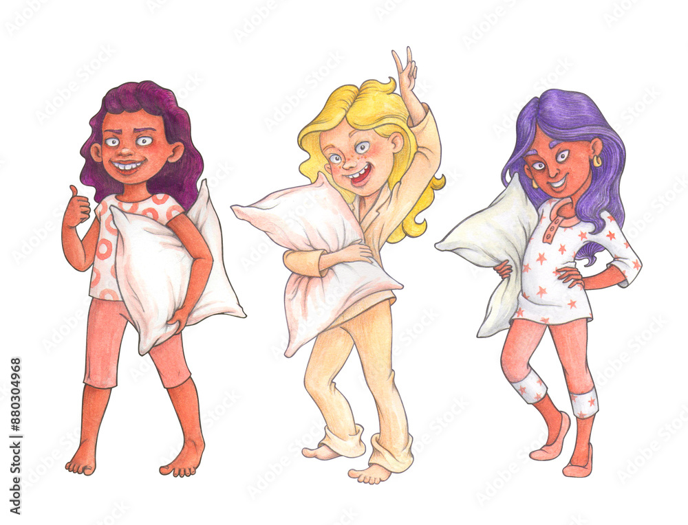 Cartoon pre-teen girls in home clothes with pillows, ready to pajama party. Watercolor characters for pajama day cards, sleepover invitation, posters design. Cartoon pre-teen girls in home clothes with pillows, ready to pajama party. Watercolor characters for pajama day cards, sleepover invitation, posters design.