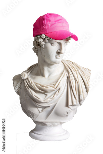 White Marble Statue Wearing Pink Baseball Cap Isolated on Transparent Background photo