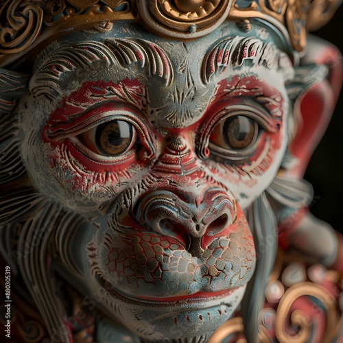 A high-resolution portrait of a chinese zodiac mythical monkey creature, captured with a Canon EOS R5 DSLR, using a 50mm lens, in a close-up shot.