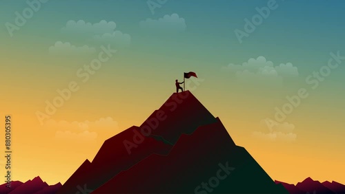 Animation of silhouette of a man holding a flag on a mountain peak in a twilight atmosphere. Motion graphic video illustration