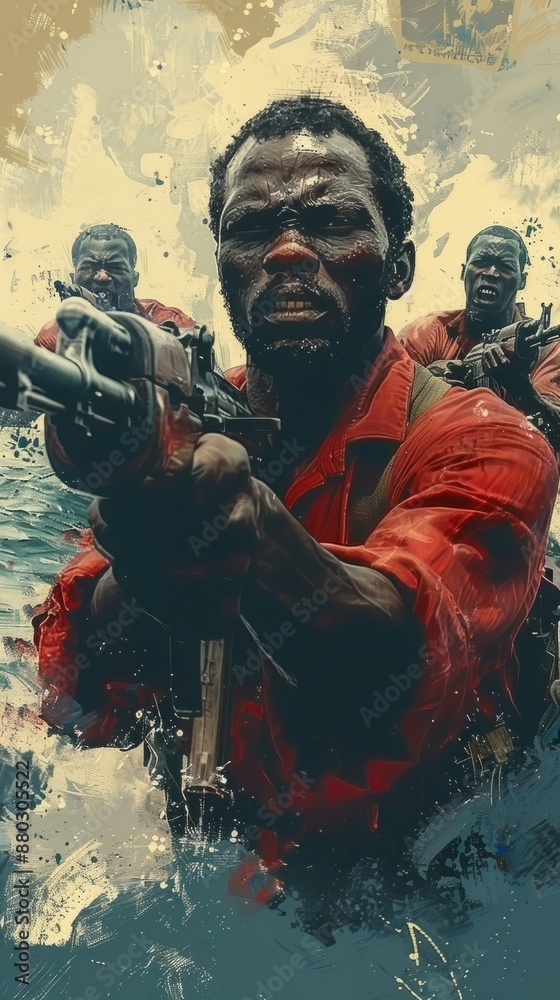 Three men in red shirts stand on a boat, one holding a rifle and looking directly at the viewer Three men in red shirts stand on a boat, one holding a rifle and looking directly at the viewer
