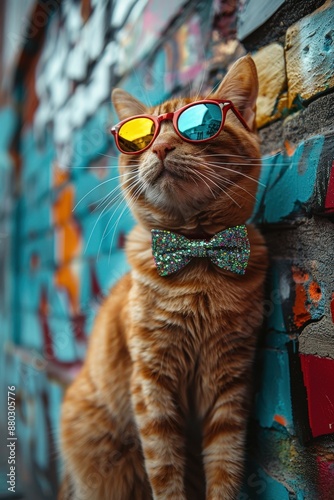 Stylish Ginger Cat Wearing Colorful Bow Tie and Retro Sunglasses Posing Confidently Against Vibrant Street Art Mural BackgroundCool cat photo