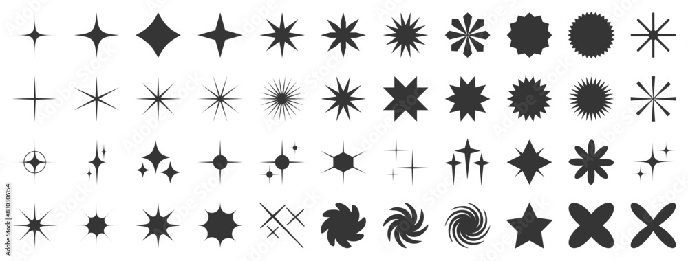 Collection of retro futuristic sparkle icons. Set of star shapes. Abstract cool shine effect sign vector design. Templates for design, posters, projects, banners, logo, and business cards Collection of retro futuristic sparkle icons. Set of star shapes. Abstract cool shine effect sign vector design. Templates for design, posters, projects, banners, logo, and business cards