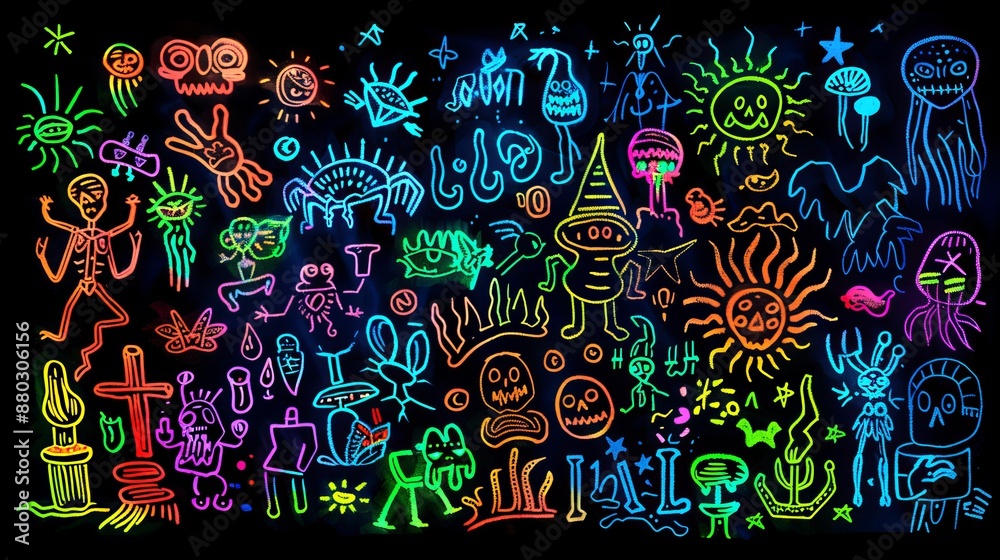 Obraz premium Neon Drawings on Black Background