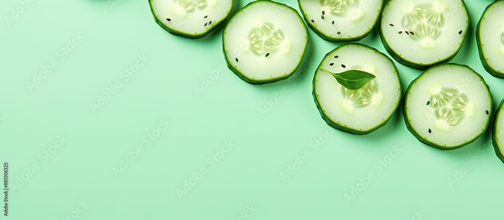Cucumber slices on a face mask against a light green background, providing a serene copy space image. Cucumber slices on a face mask against a light green background, providing a serene copy space image.