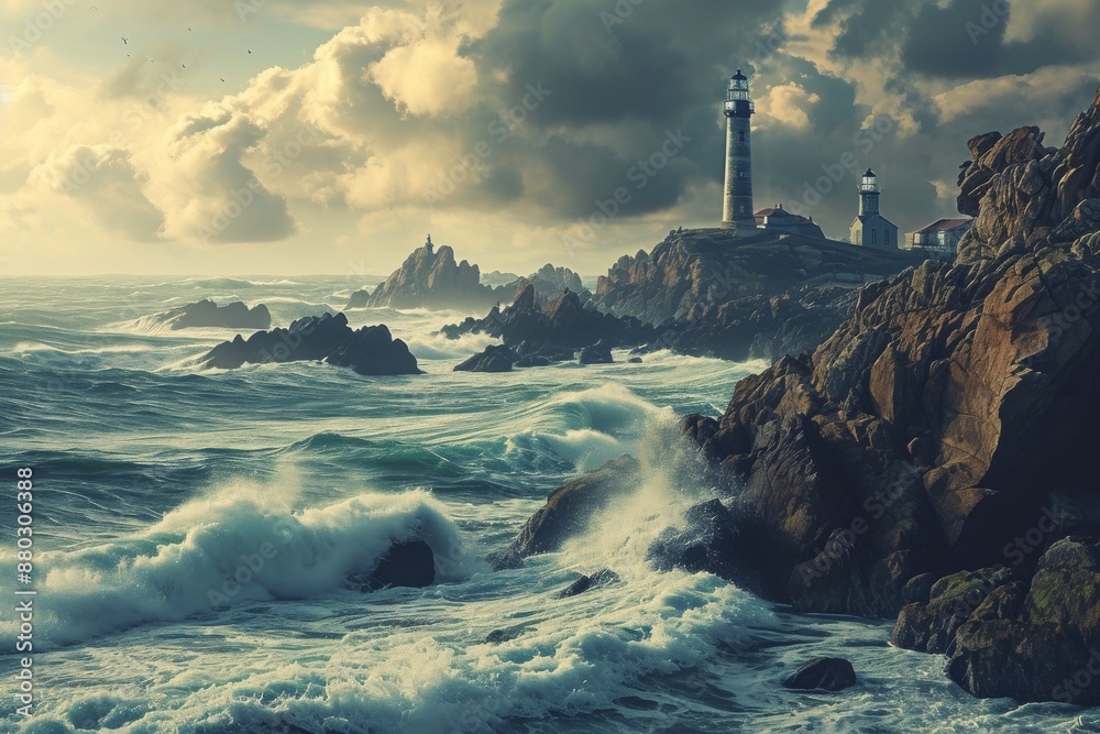 A serene painting featuring a lighthouse in the background, adding a touch of tranquility to the scene, An array of lighthouses along a rocky coastline, AI generated A serene painting featuring a lighthouse in the background, adding a touch of tranquility to the scene, An array of lighthouses along a rocky coastline, AI generated