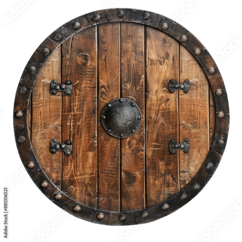 Wooden round shield with metal rim and boss cut out isolated on transparent background