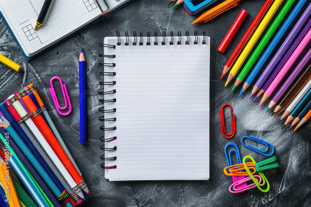 Blank notepad, school notebook on a background of colored school stationery. Back to school. Flat lay, top view. Copy space. Mock up. Blank notepad, school notebook on a background of colored school stationery. Back to school. Flat lay, top view. Copy space. Mock up.