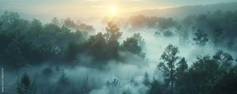 Naklejka premium Misty Forest Dawn, 4K hyperrealistic photo
