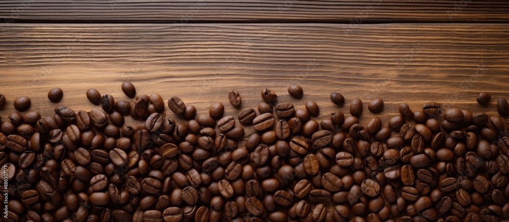 Coffee beans are arranged on a wooden surface background, creating a textured frame for a copy space image.