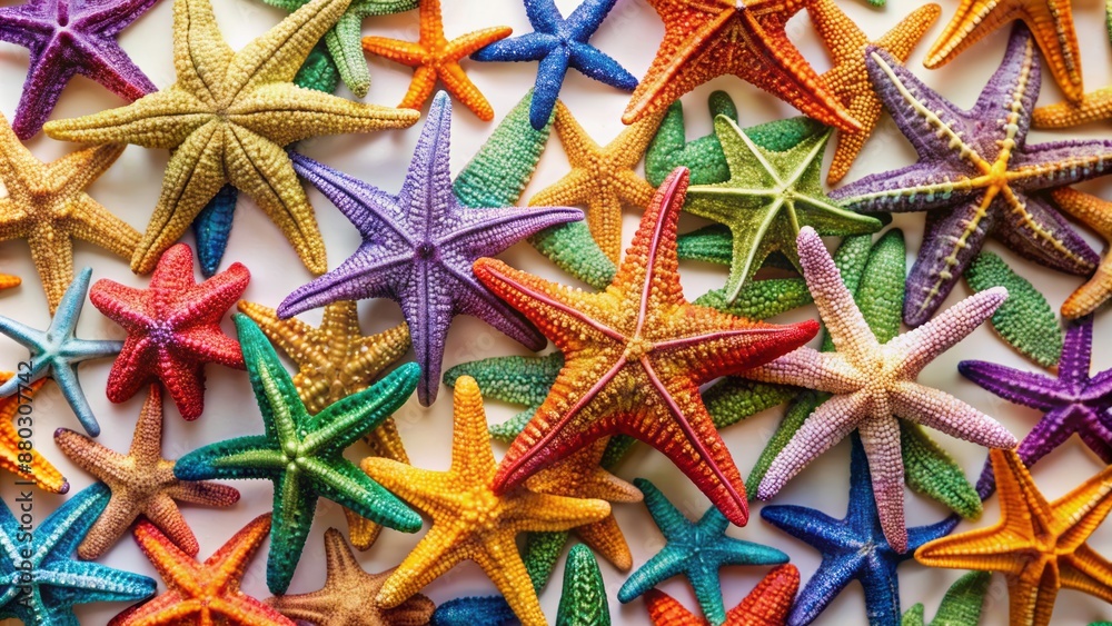 Vibrant multicolored starfish scattered on a pure white background, showcasing intricate details of underwater invertebrate animals in their natural beauty. Vibrant multicolored starfish scattered on a pure white background, showcasing intricate details of underwater invertebrate animals in their natural beauty.