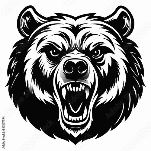 Fierce Roaring Bear Head - Bold Black and White Mascot Illustration