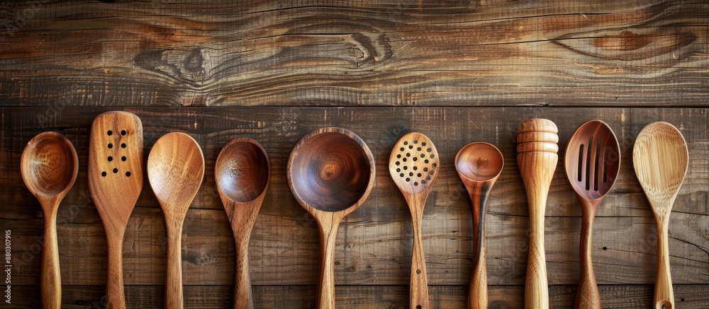 Wooden kitchen utensils displayed on an antique wooden backdrop with space for text or images. Wooden kitchen utensils displayed on an antique wooden backdrop with space for text or images.