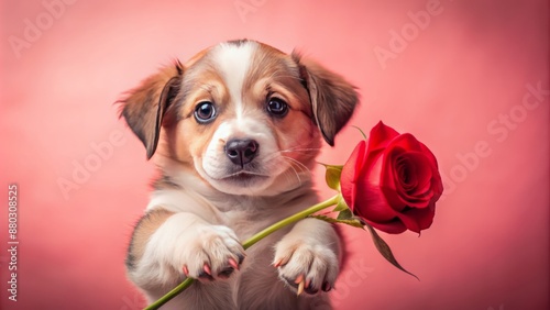 Adorable puppy gently grasping a delicate red rose in its paws against a soft light pink background for Valentine's Day.