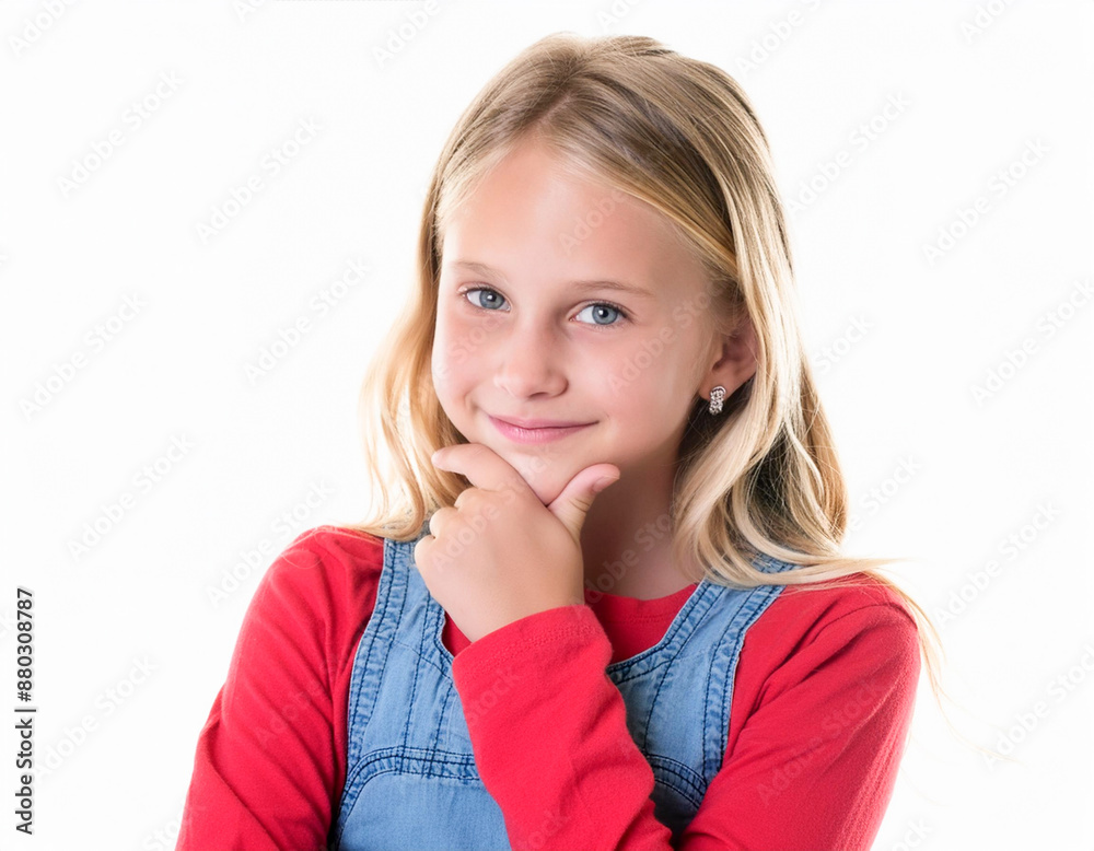 Cute girl thinking blonde hand on chin over a white background Cute girl thinking blonde hand on chin over a white background