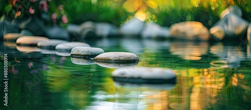 A serene pond displaying smooth stones, with the water's reflection adding to the tranquility of the scenery in the copy space image. photo