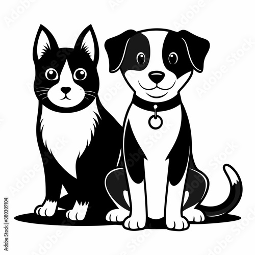 Black and White Illustration of a Happy Dog and Cat Duo