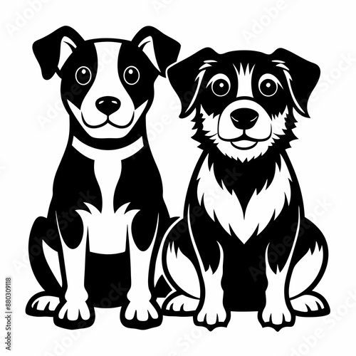 Black and White Illustration of Two Sitting Dogs