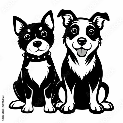 Black and White Illustration of a Happy Dog and Cat Duo