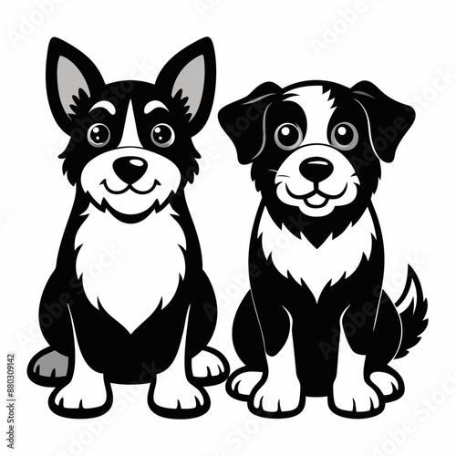 Black and White Illustration of Two Sitting Dogs