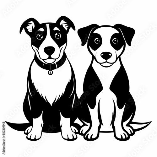 Black and White Illustration of Two Sitting Dogs