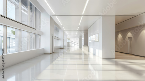 A modern, well-lit hall with empty placards mounted on the walls.