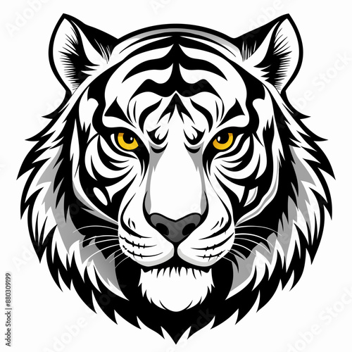 Black and White Tiger Head Illustration - Bold and Fierce Design