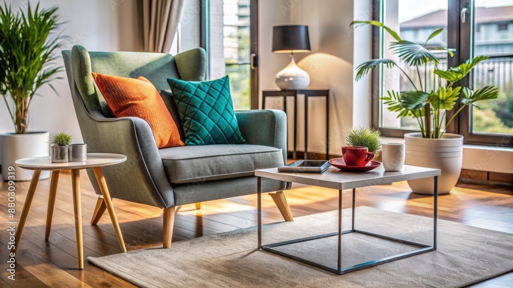 Modern minimalist living room interior with sleek armchair, empty coffee table, and contemporary decor, awaiting feminine presence. Modern minimalist living room interior with sleek armchair, empty coffee table, and contemporary decor, awaiting feminine presence.