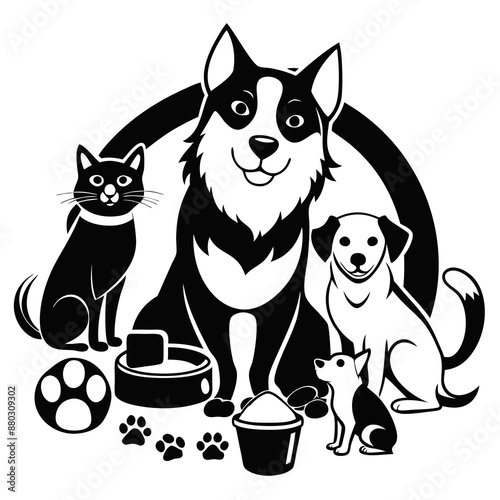 Black and White Pet Trio Illustration: Cat, Dog, and Border Collie with Accessories
